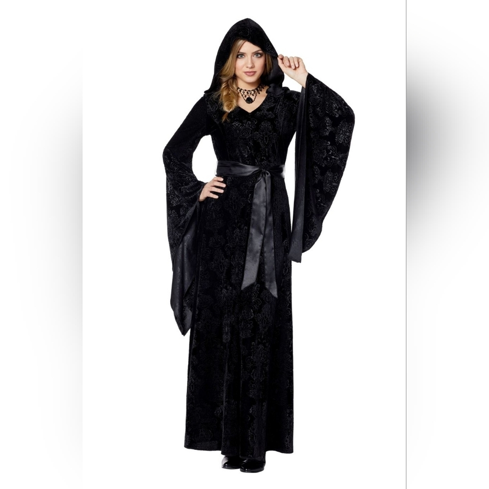 Spirit Halloween L/XL Black Velvet hooded Robe/Dress